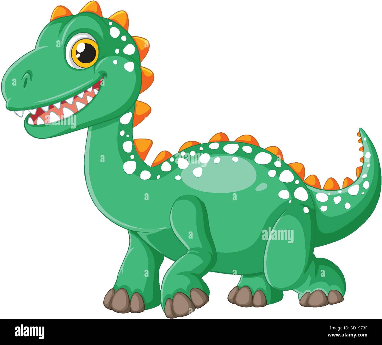 Cute green cartoon dinosaur with orange spikes, big eyes, white spots ...
