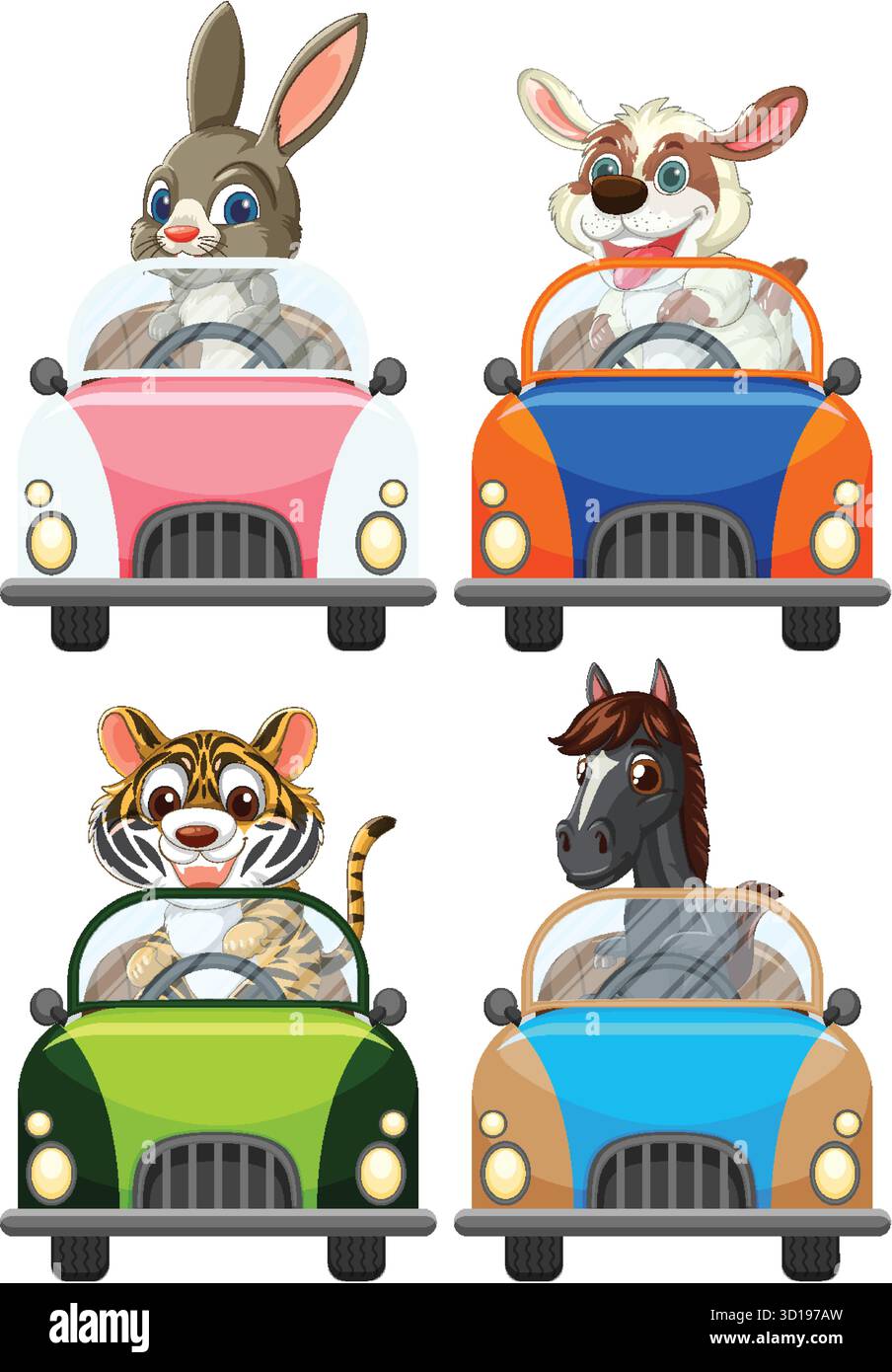 Vector illustration of rabbit, dog, tiger, and horse driving cars ...