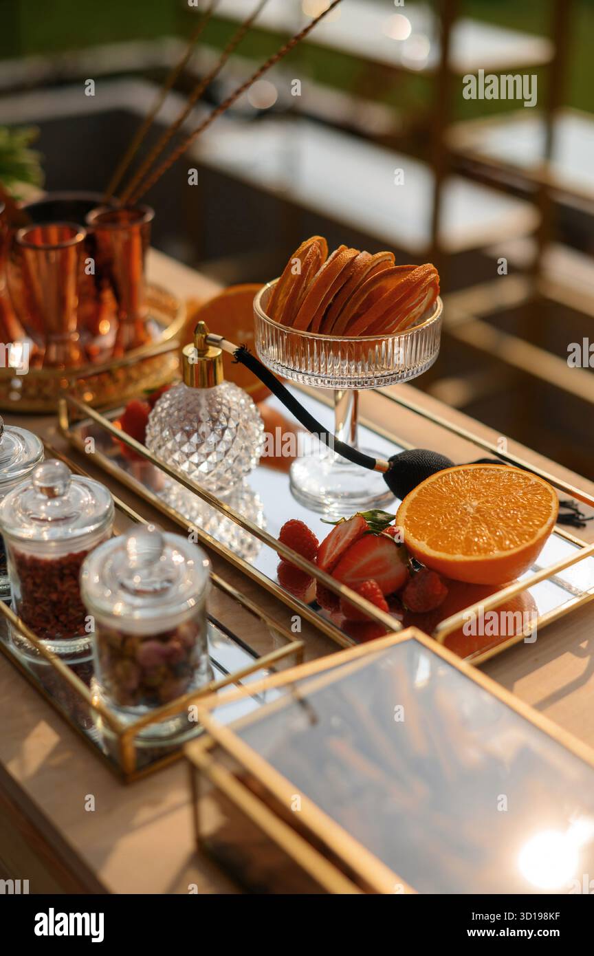 Elegant Outdoor Table Setting with Fruit and Spices Stock Photo - Alamy