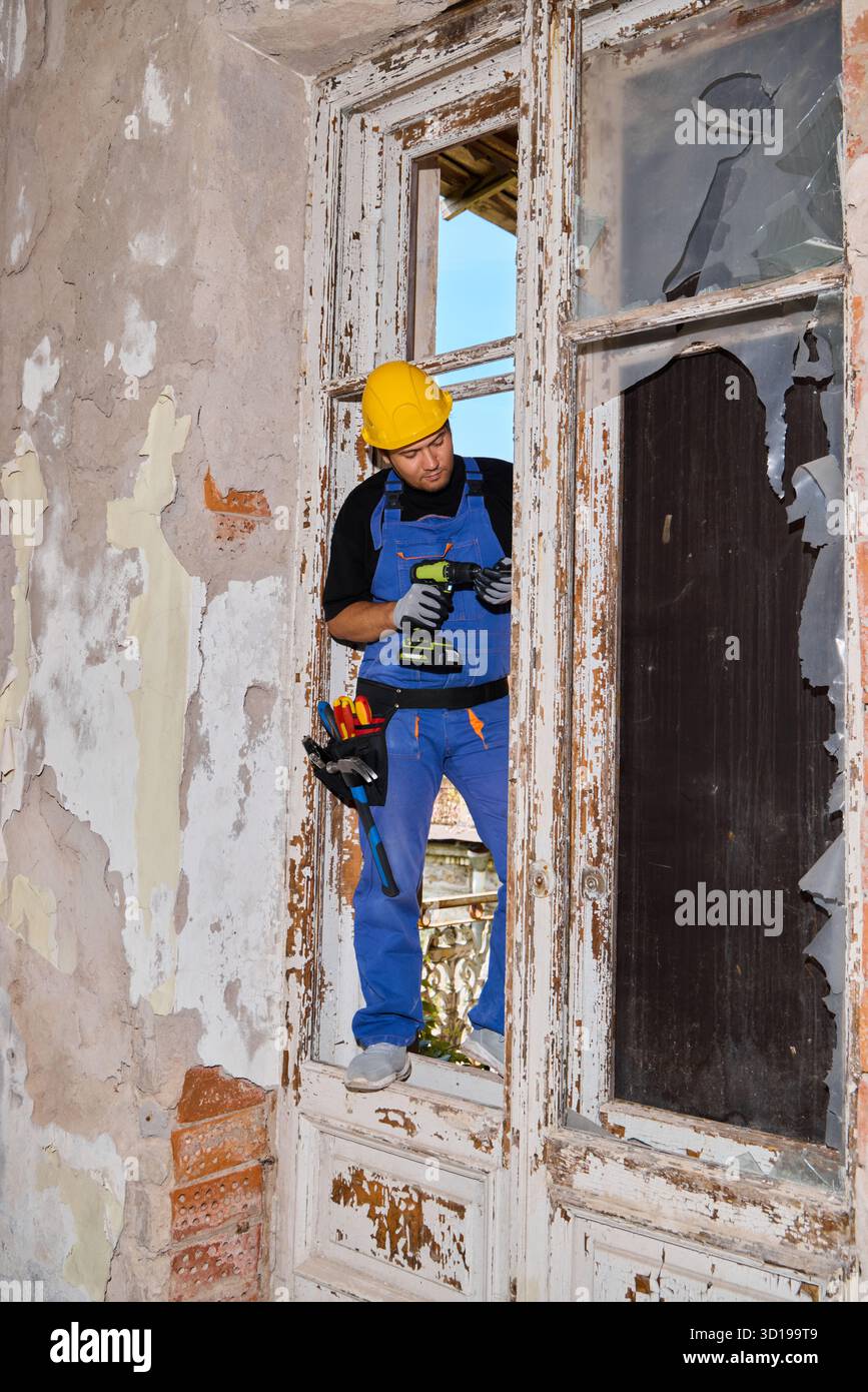 Curated visual reference: Worker Repairing Old Window In Historic Building Renovation Project Photo Inspiration