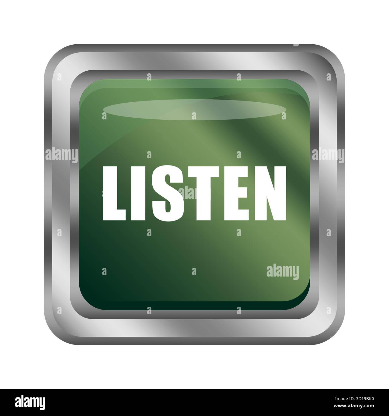 Green LISTEN button. Shiny metal frame. Shadowed Vector element. Audio application icon. EPS 10. Stock Vector