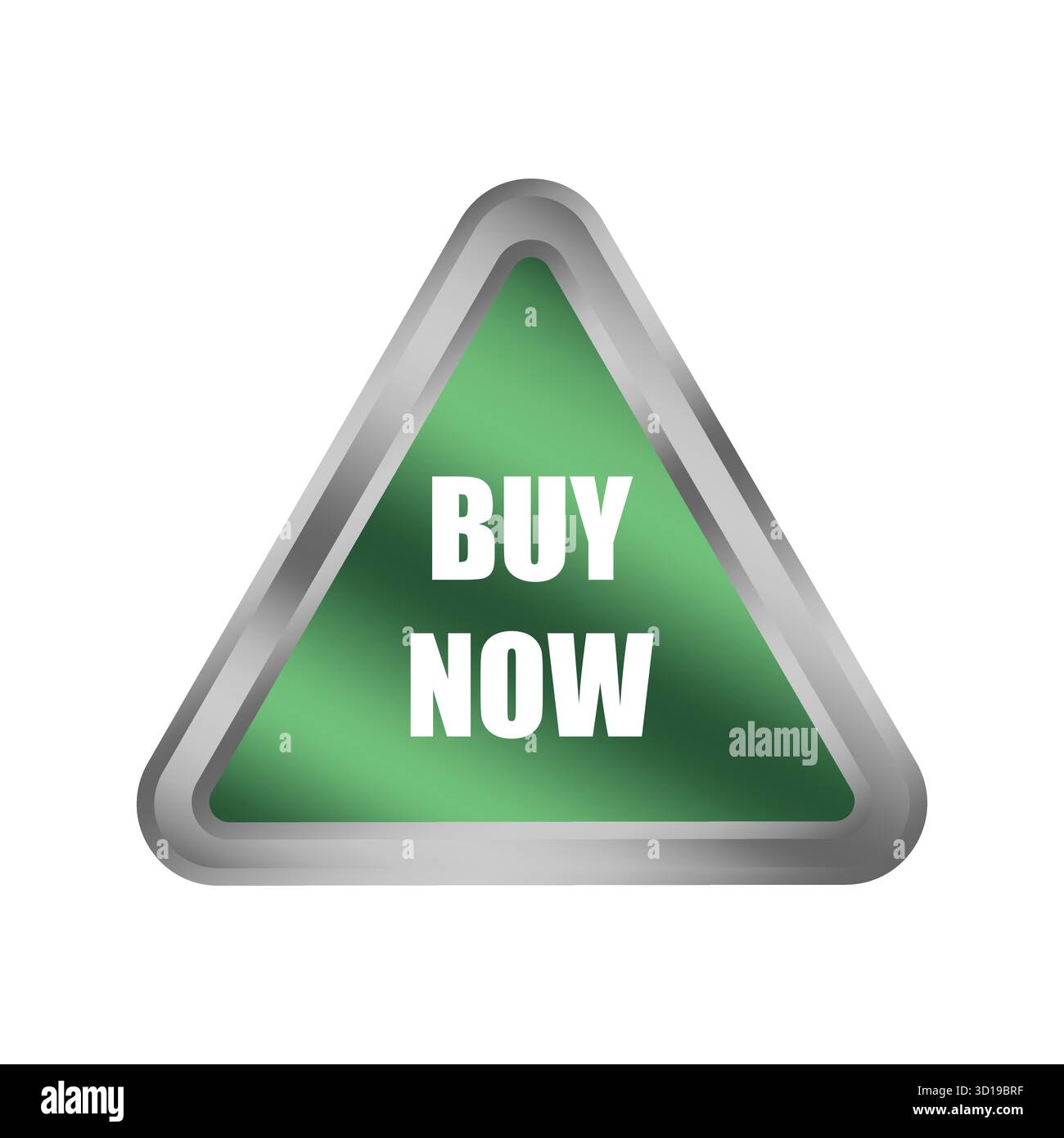 Green buy now button. Metallic triangle shape. Transaction action Vector. Purchase process symbol. EPS 10. Stock Vector