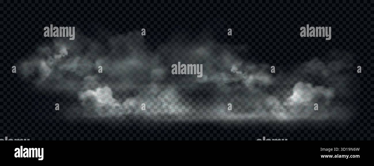 Vector steam clouds isolated on dark transparent background Stock Vector