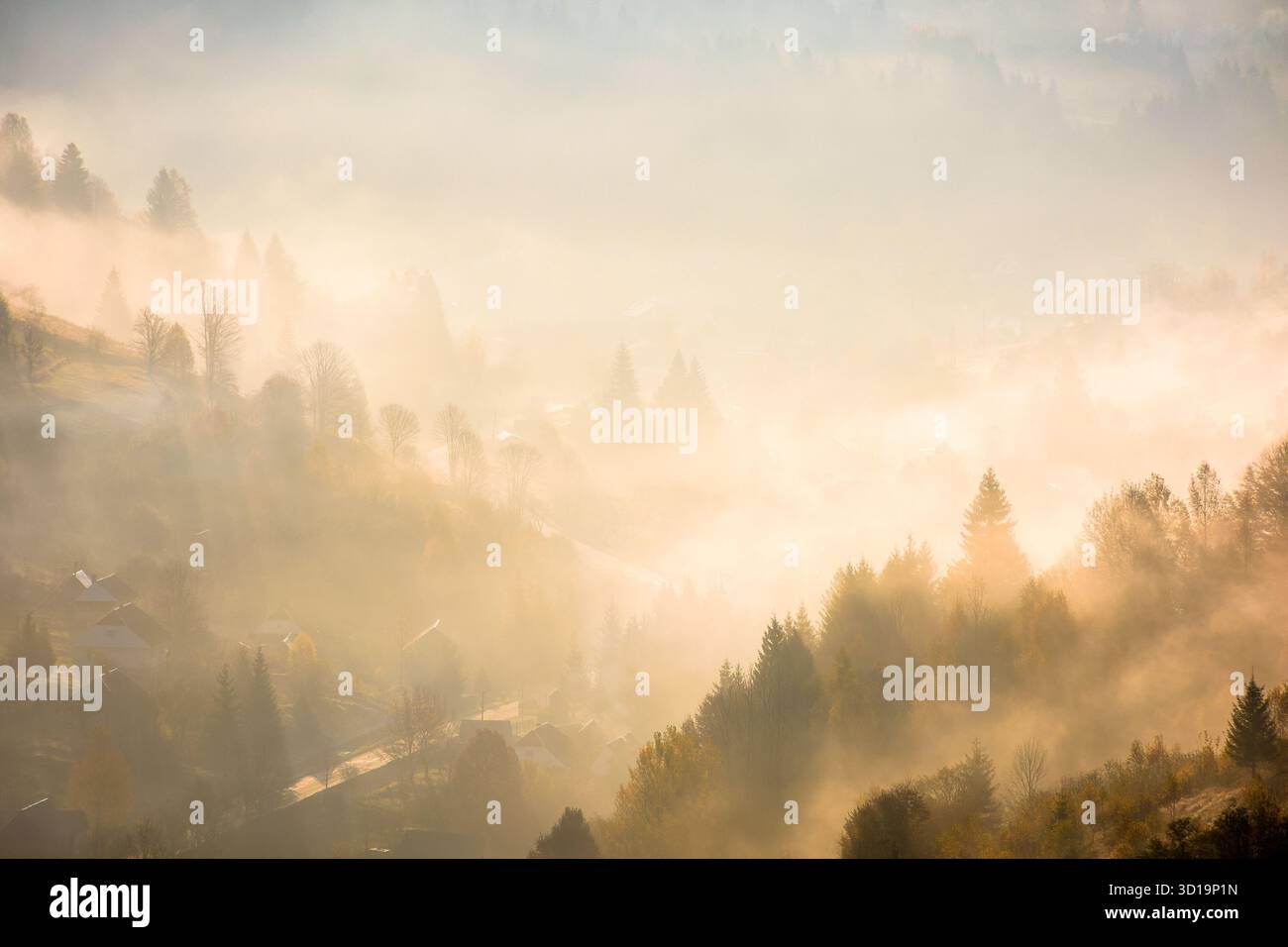 rising fog in valley. rural landscape in autumn. trees on the hill emerge from cold morning mist. village concealed in glowing haze. beautiful country Stock Photo