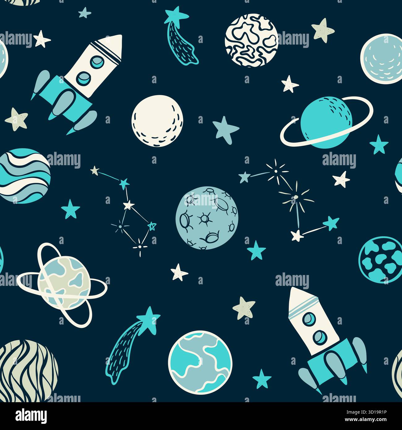 Childish seamless pattern. hand drawn space elements space, rocket ...