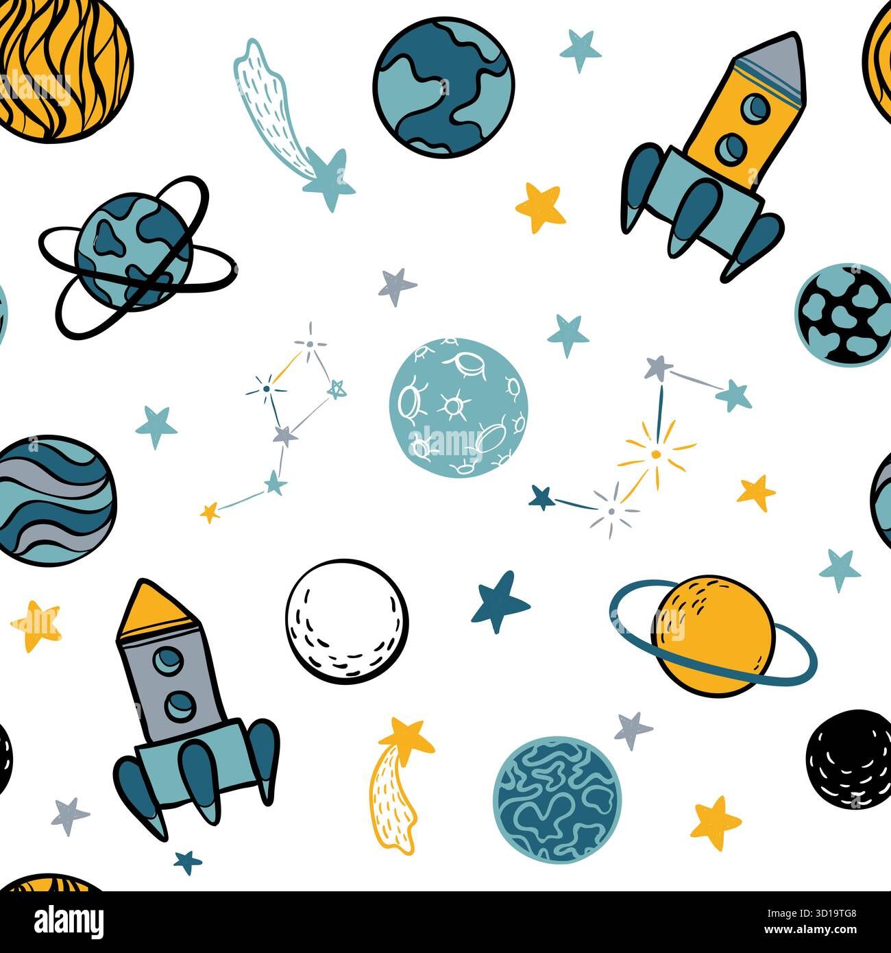 Childish seamless pattern. hand drawn space elements space, rocket ...