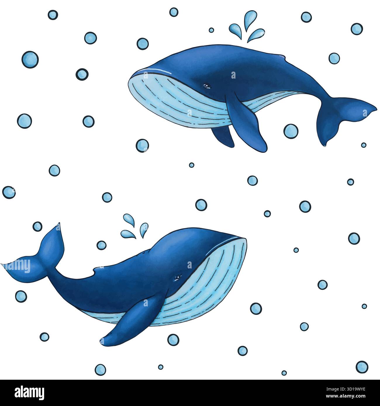 Vector seamless pattern with cute cartoon blue whale on white ...