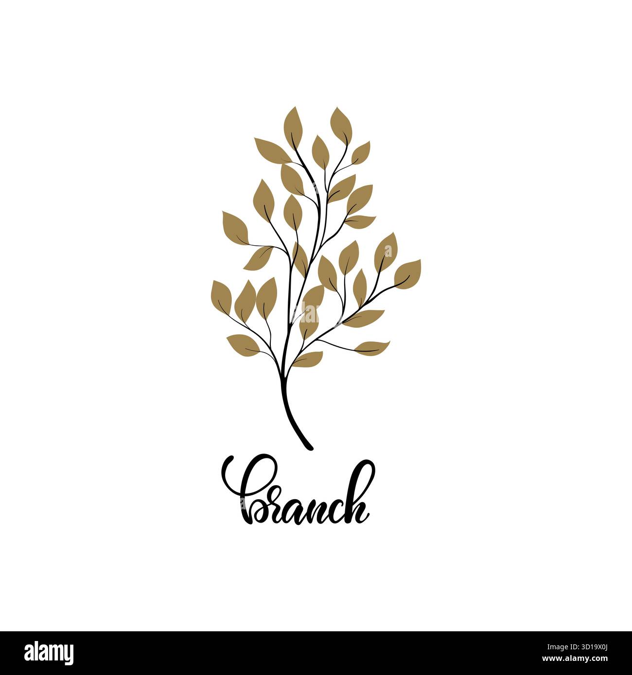 simple Tree branch with gold leaves. vector plant, isolated on white ...