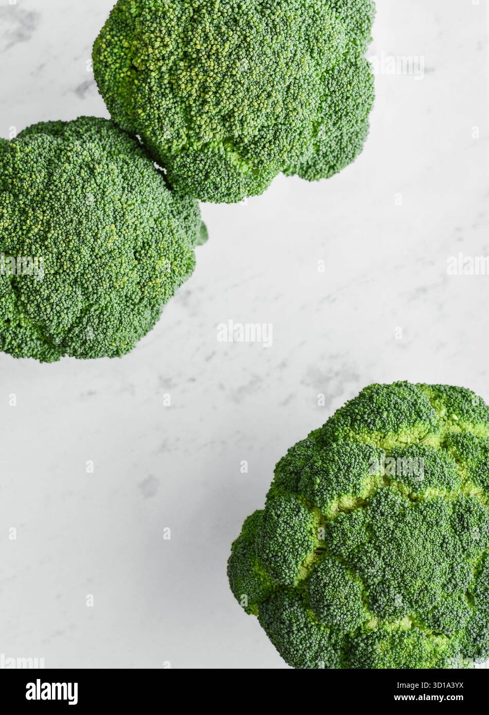 Three broccoli florets on white marble background, top view Stock Photo