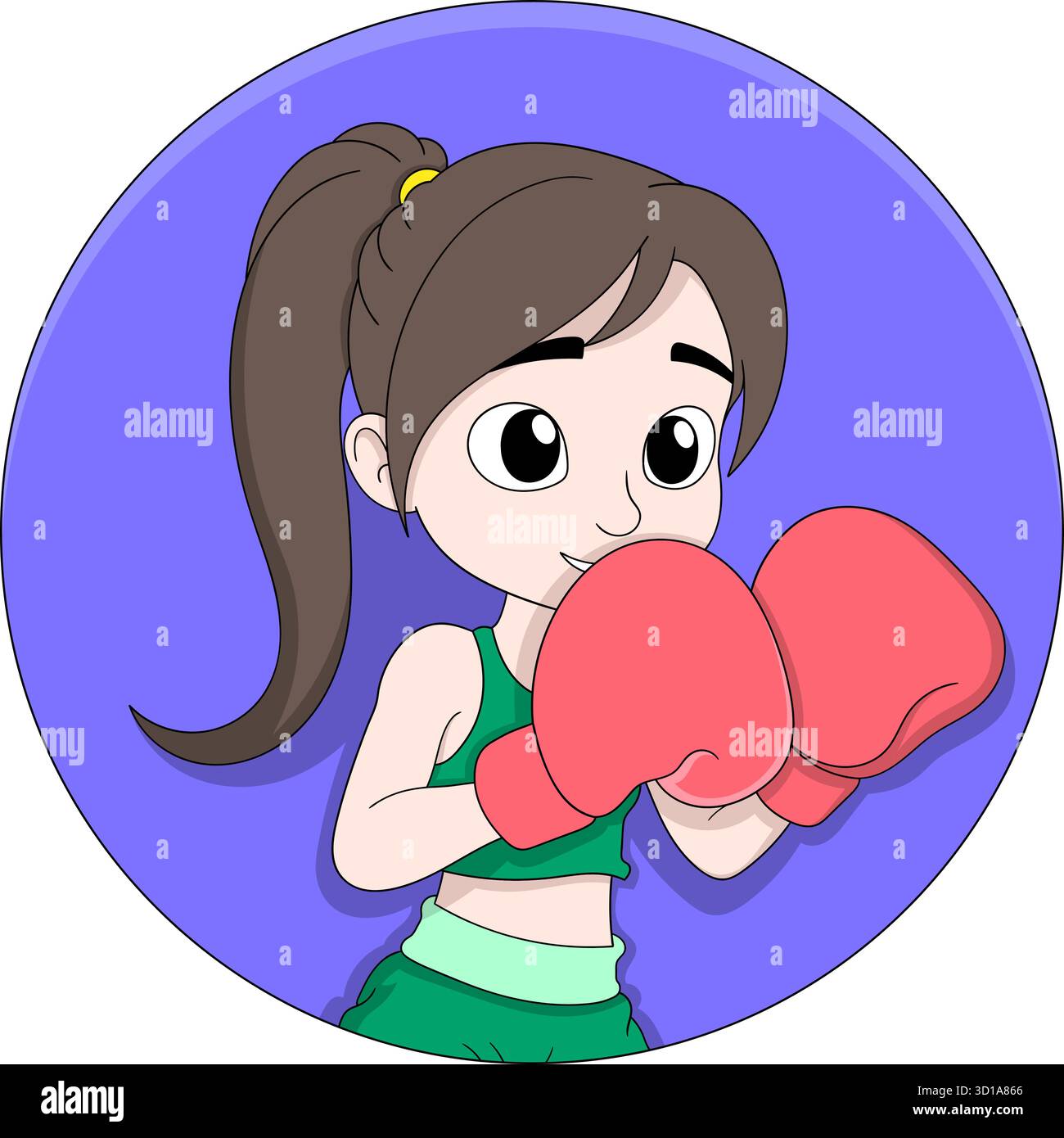 Vector cartoon illustration of a confident female boxer posing inside a ...