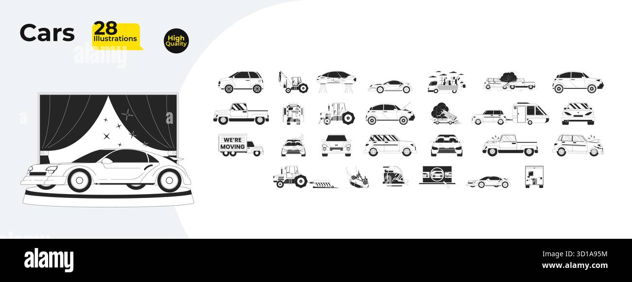 Different cars and vehicles outline illustrations mega bundle Stock Vector