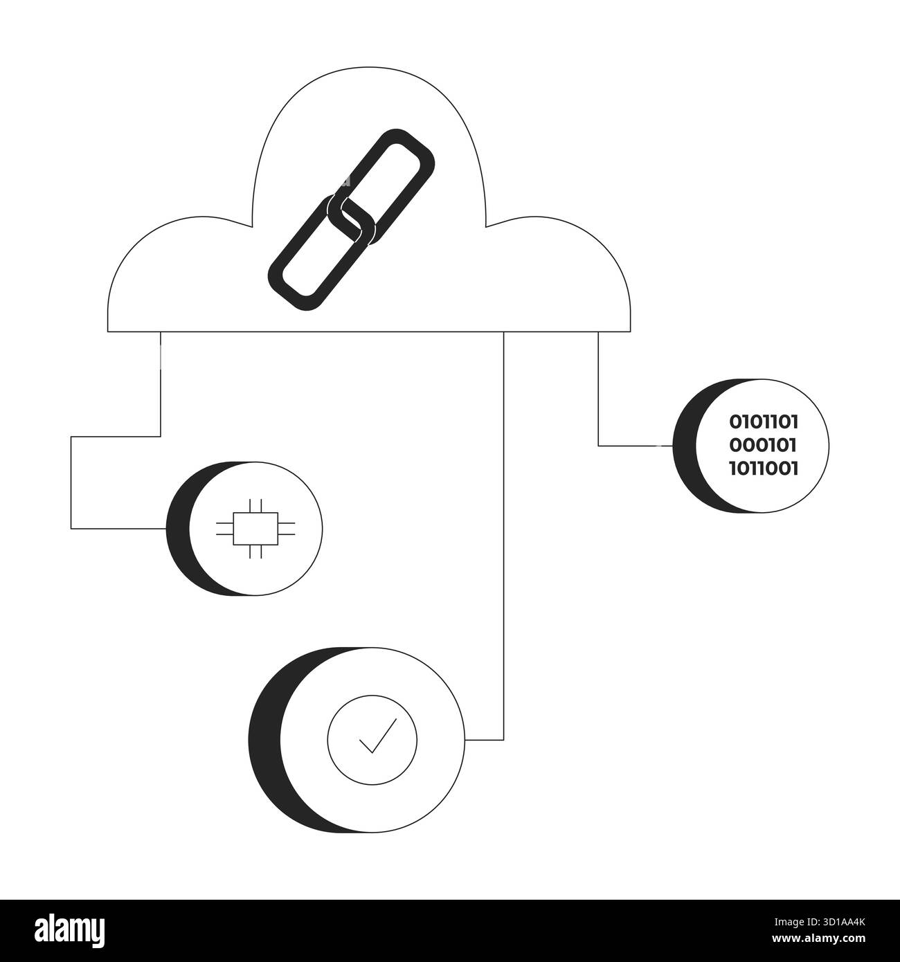 Cloud network with blockchain and data components 2D line object Stock Vector
