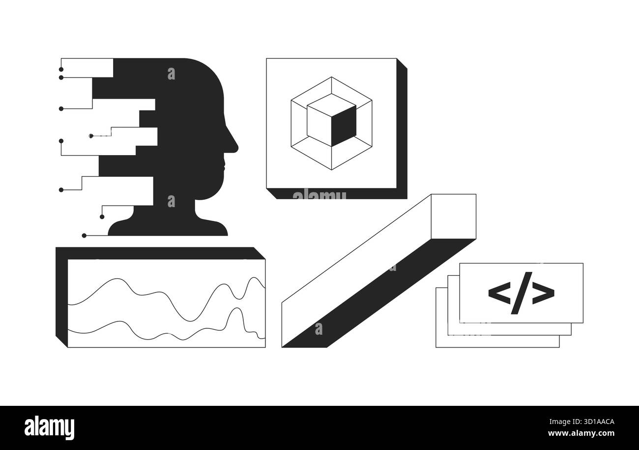 Digital tools and artificial intelligence 2D line objects set Stock Vector