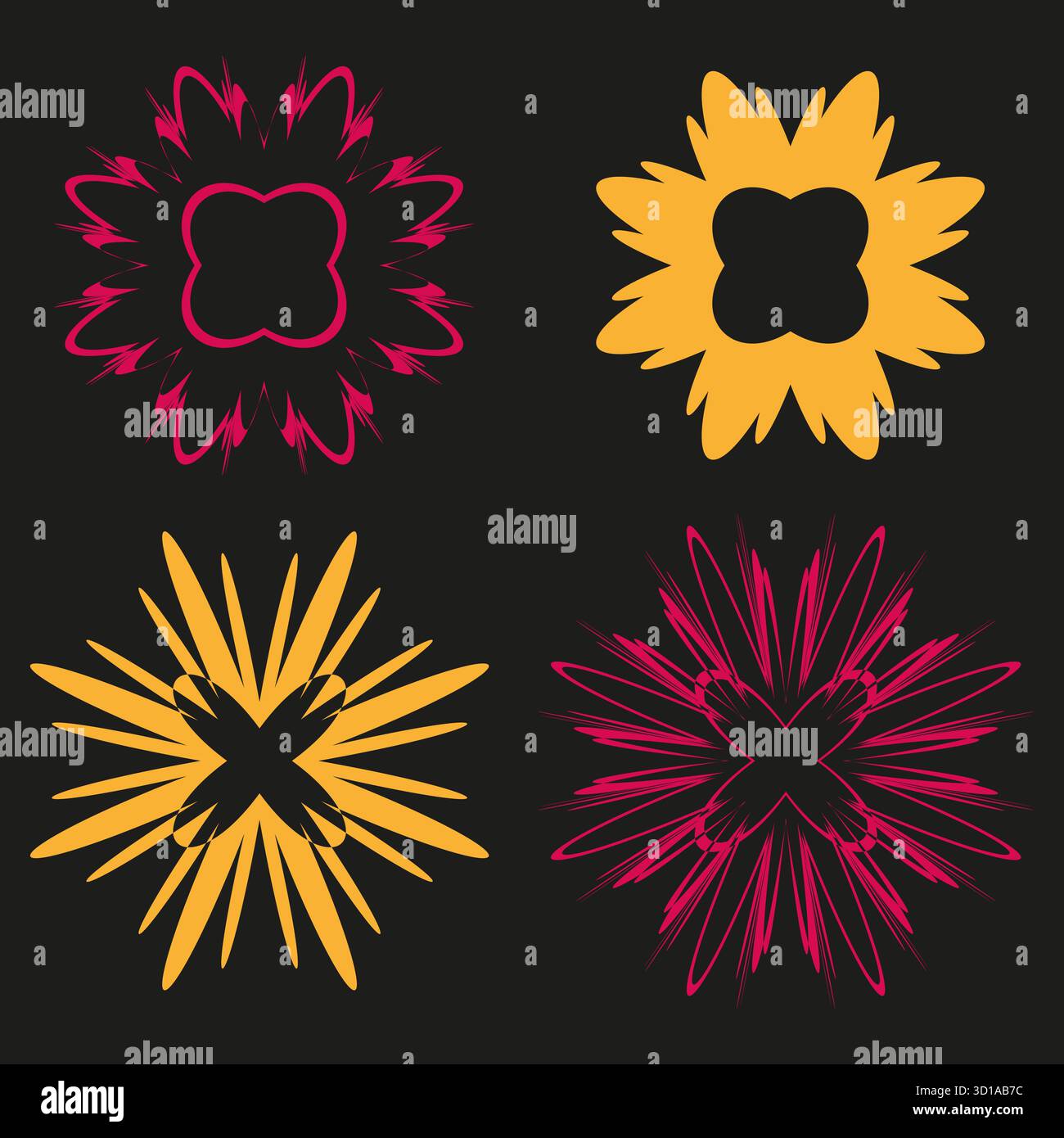 Abstract ray bursts. Four colorful shapes. Dynamic light Vector. Dark background elements. EPS 10. Stock Vector