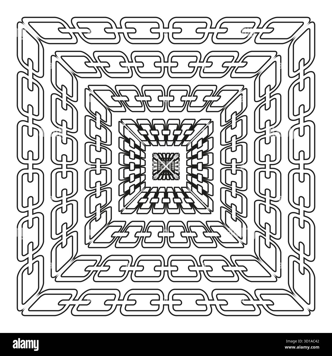 Square chain border. Interlocking link frame. Decorative outline element. Black white Vector pattern. EPS 10. Stock Vector
