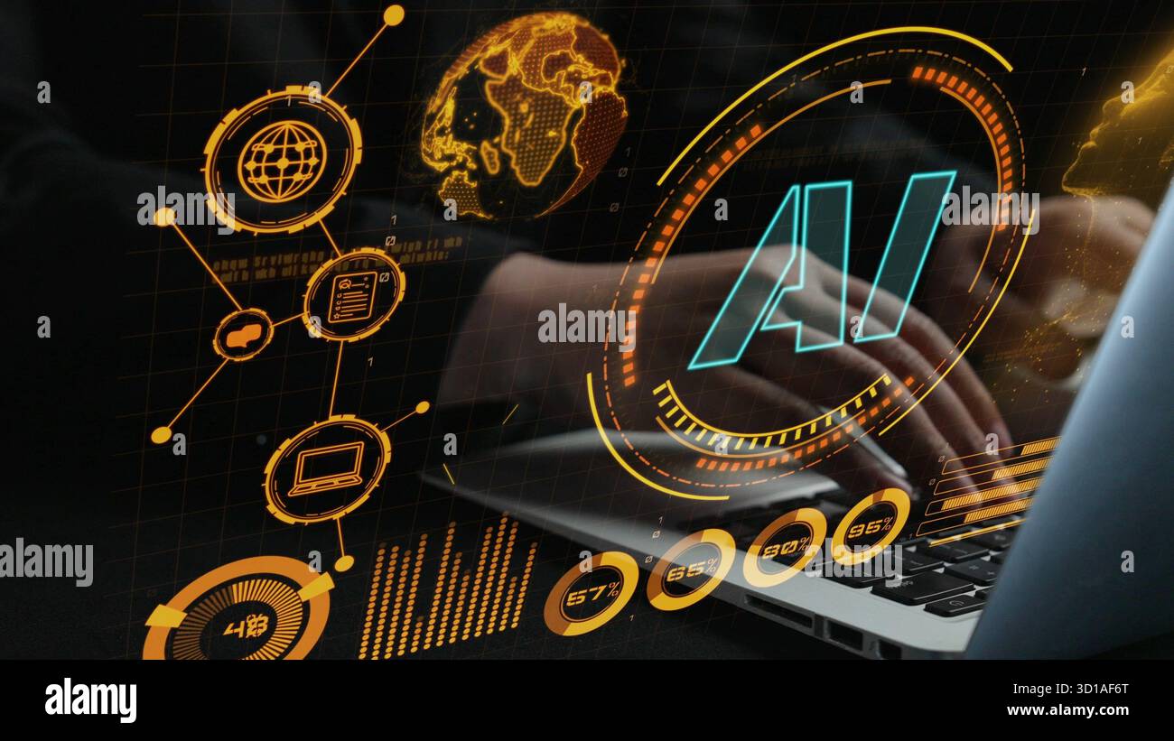 This image features a modern digital interface showcasing AI elements ...
