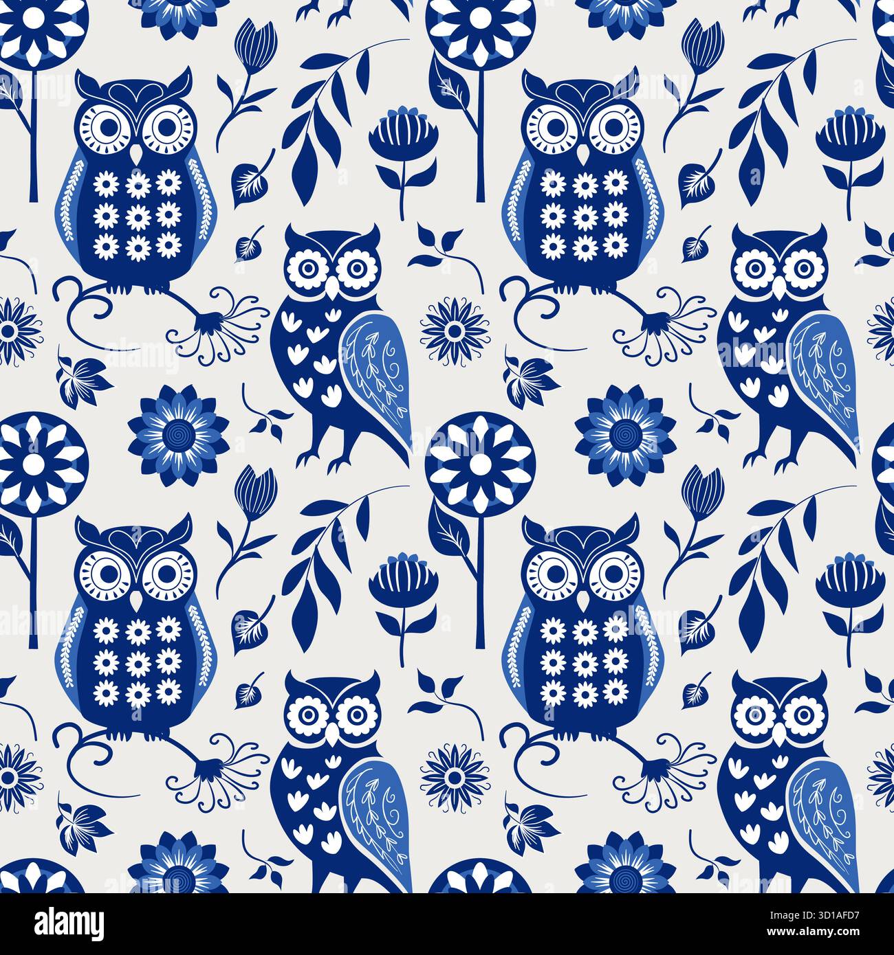 Vector seamless pattern with decorative owls, flowers and leaves in ...