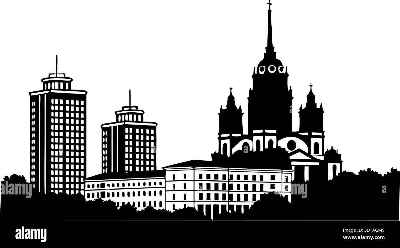 High resolution black and white city skyline silhouette design with ...