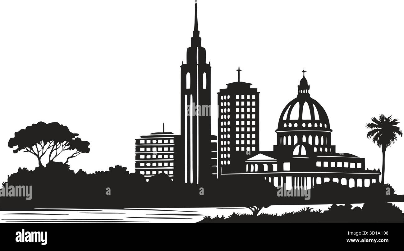 High resolution black and white city skyline silhouette with ...