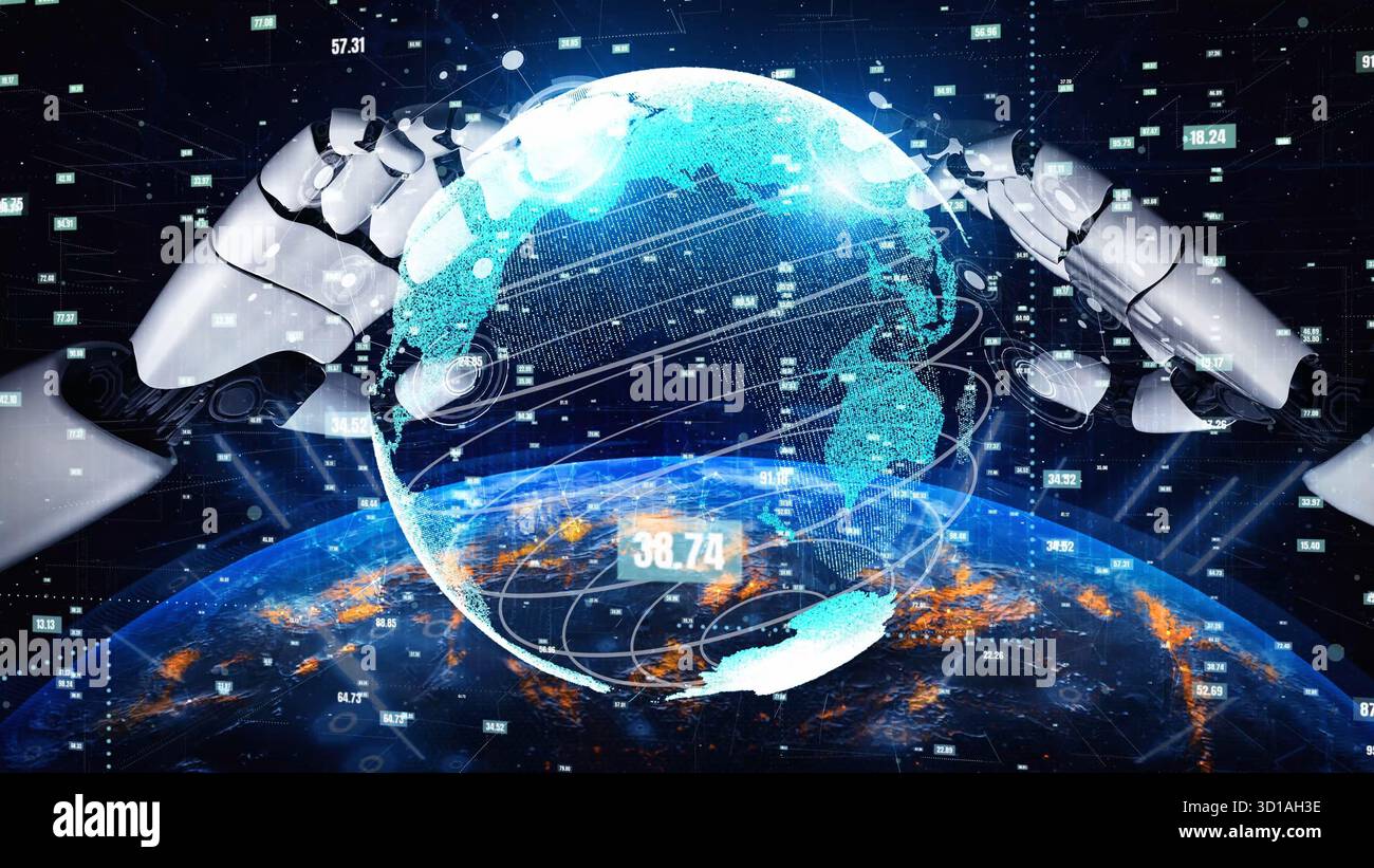 A striking image of robotic hands holding a digital Earth globe ...