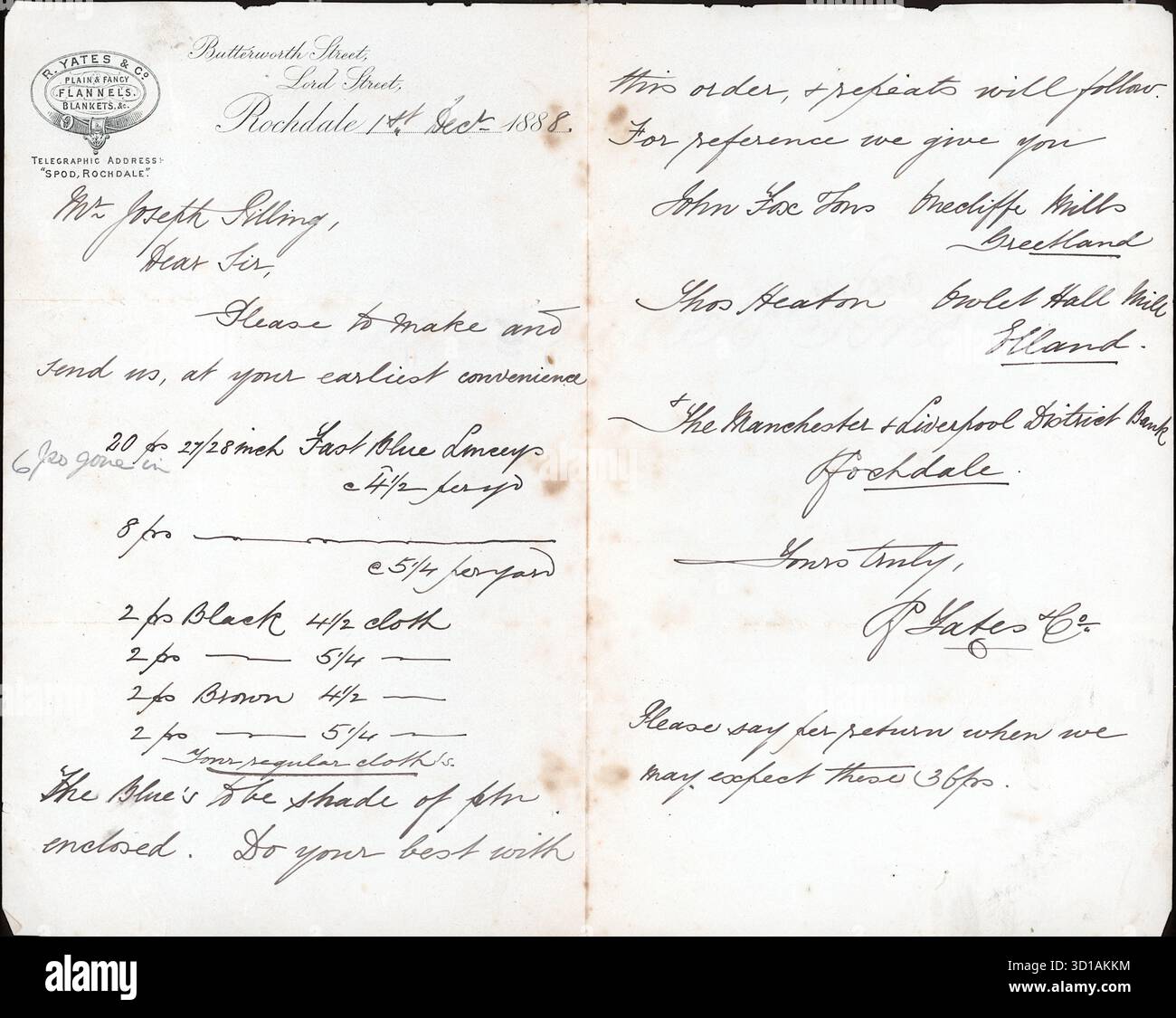 Yates Rochdale A hand-written order from R. Yates & Co. of Butterworth Street and Lord ...