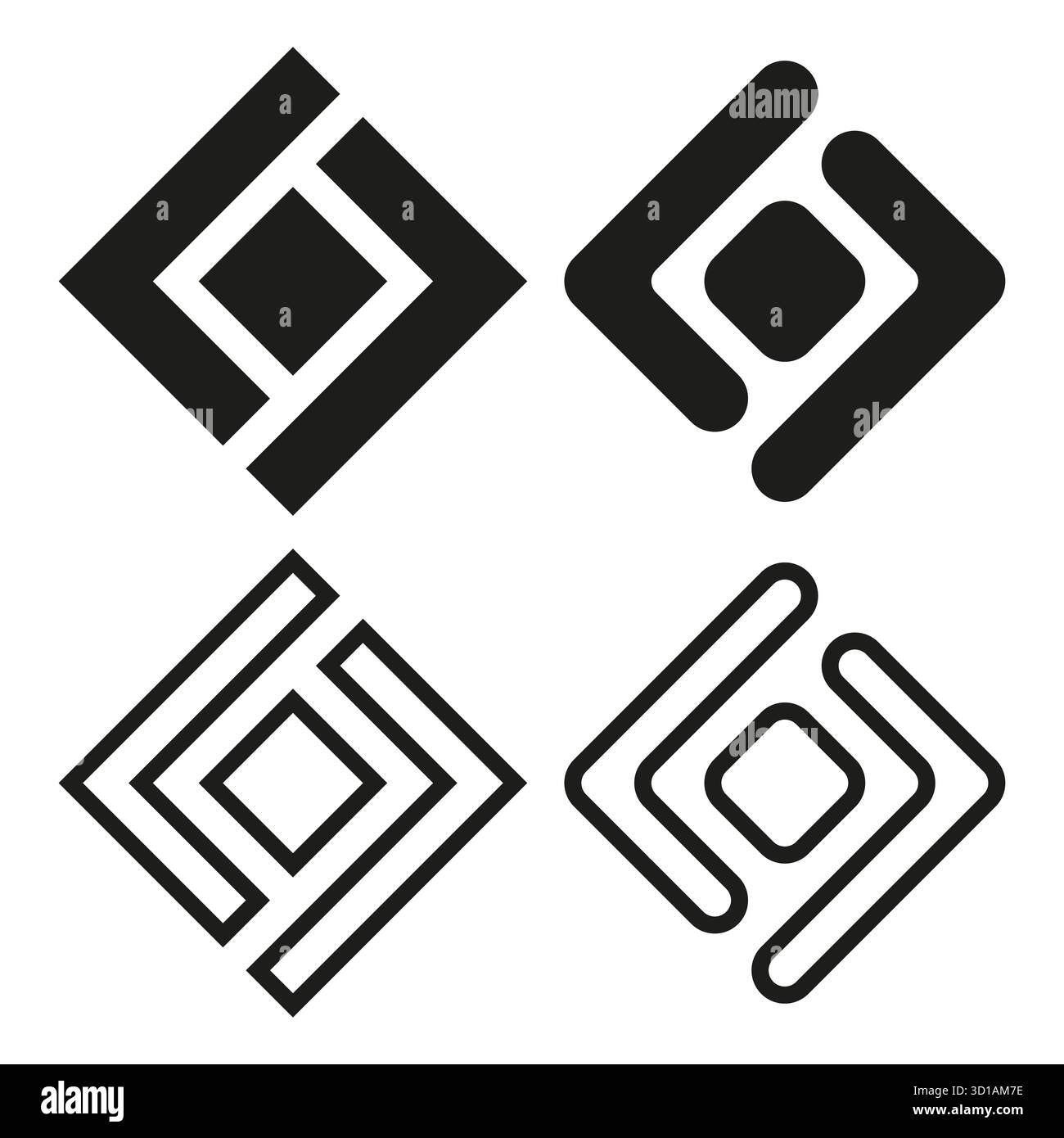 Geometric square symbols. Four modern emblems. Black outline detail ...