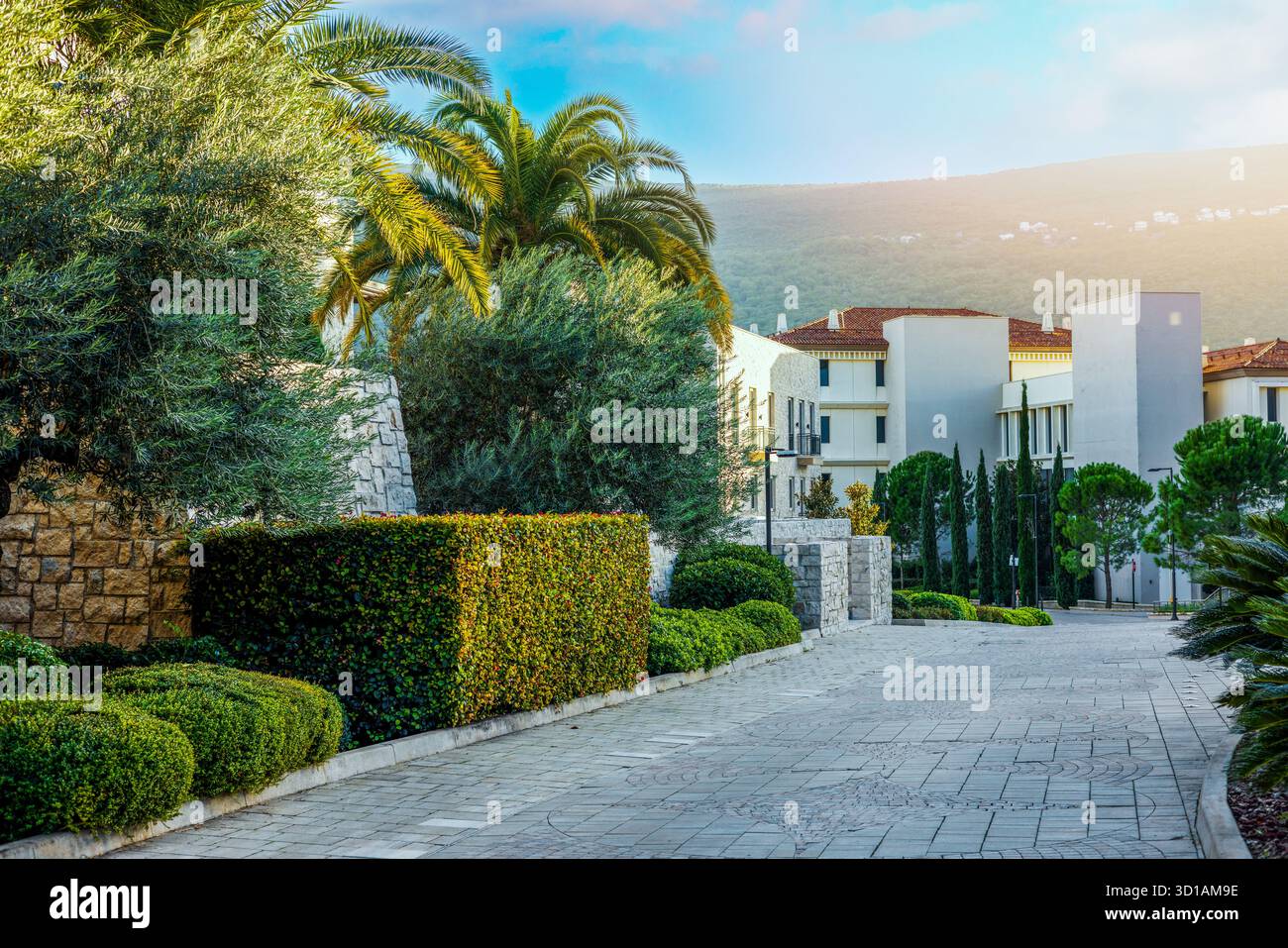 beautifully landscaped Portonovi resort streets. Montenegro Stock Photo