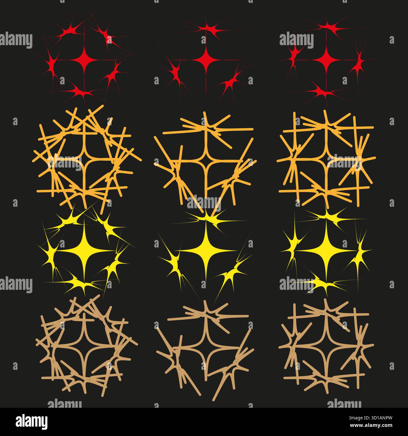 Star symbol collection. Bright yellow elements. Black background decor. Vector festive shapes. Stock Vector
