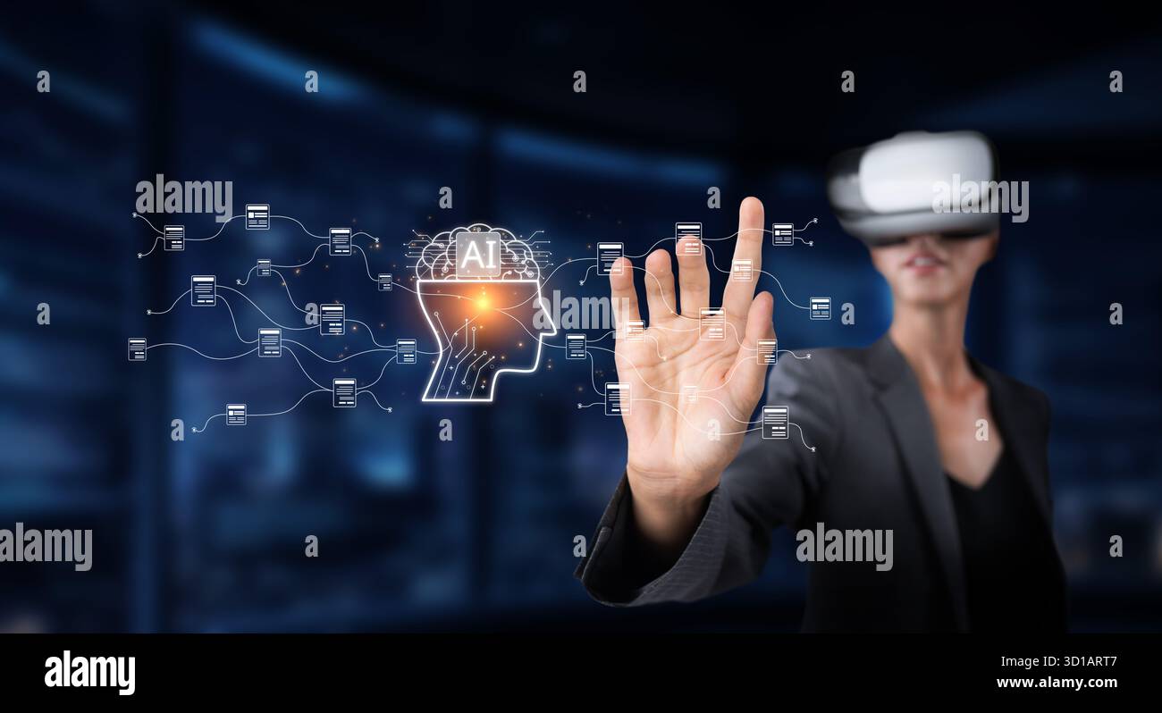 Explore a professional using generative AI technologies in a virtual environment, focusing on innovative data management and prompt engineering techni Stock Photo