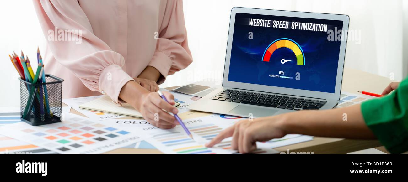 Computer software evaluating website loading speed. Concept of improving website loading speed brisk. Stock Photo