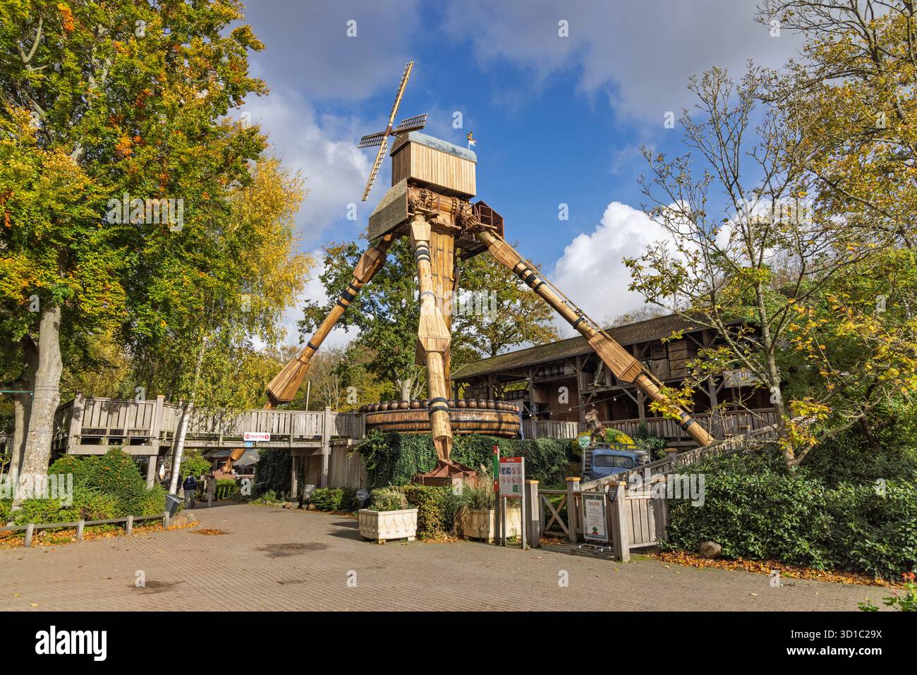 The imposing Mad Mill ride, a giant wooden structure resembling a cross ...