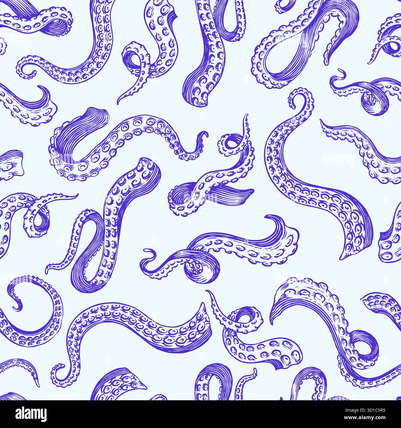 Octopus tentacles. Engraved seamless pattern hand drawn in old sketch ...