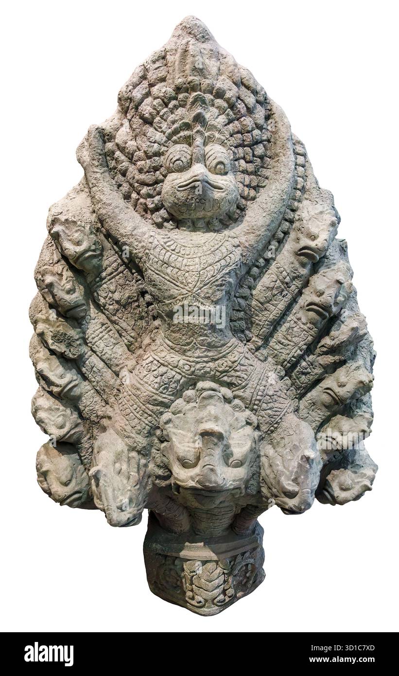 Garuda with multi-headed nagas, sandstone temple lintel (Khmer/Thai, Angkor style), Southeast Asia, sculpture. Stock Photo