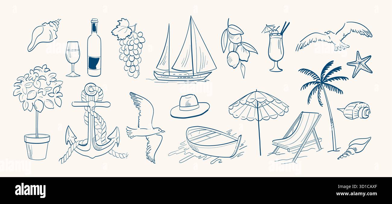 Summer vacation doodle set. Linear sketches with refreshing