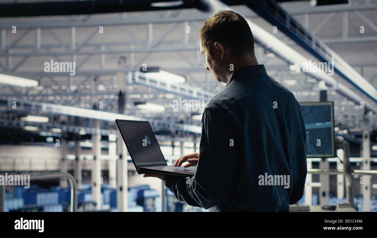 Data center engineer adjusts system settings to improve AI rigs processing speed and efficiency. Server hub employee manages infrastructure to support artificial intelligence workloads, camera B Stock Photo
