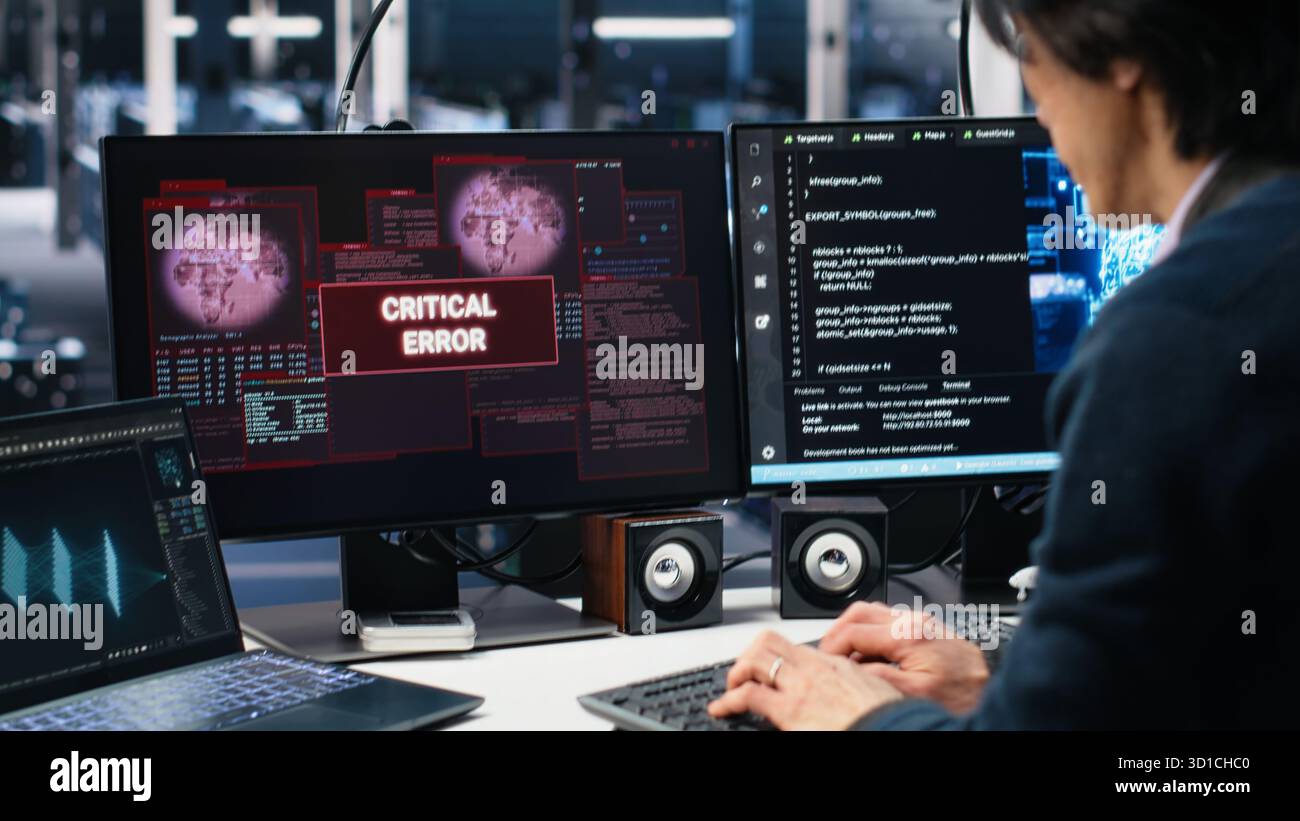Team of engineers in data center struggles with malfunctions while using AI tools. Frustrated teamworking server hub colleagues try to fix system errors while using artificial intelligence, camera A Stock Photo