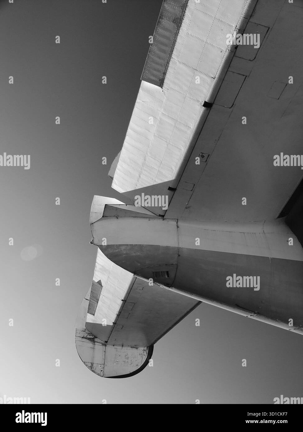 Abstract views of an old 1950's American airliner. The grounded airliner is a Lockheed Constellation, a four-engine propeller luxury airplane. Stock Photo