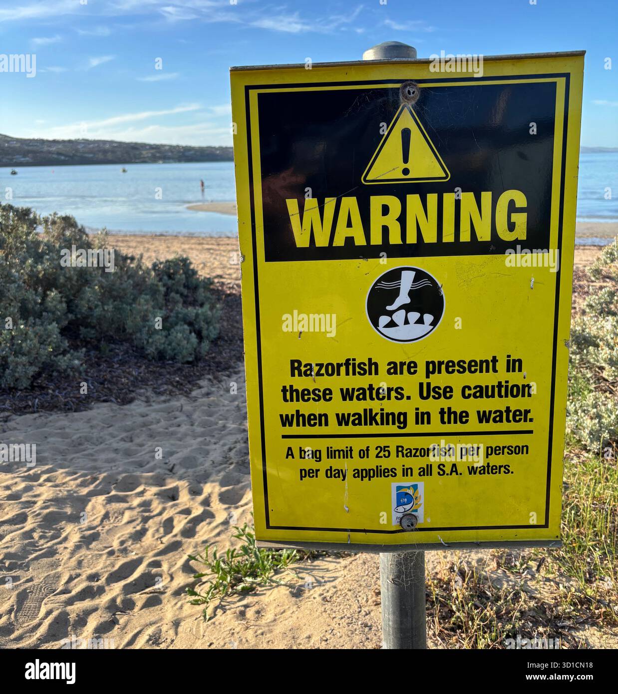 Warning sign about razorfish, Port Lincoln, Eyre Peninsula, South Australia. No PR Stock Photo