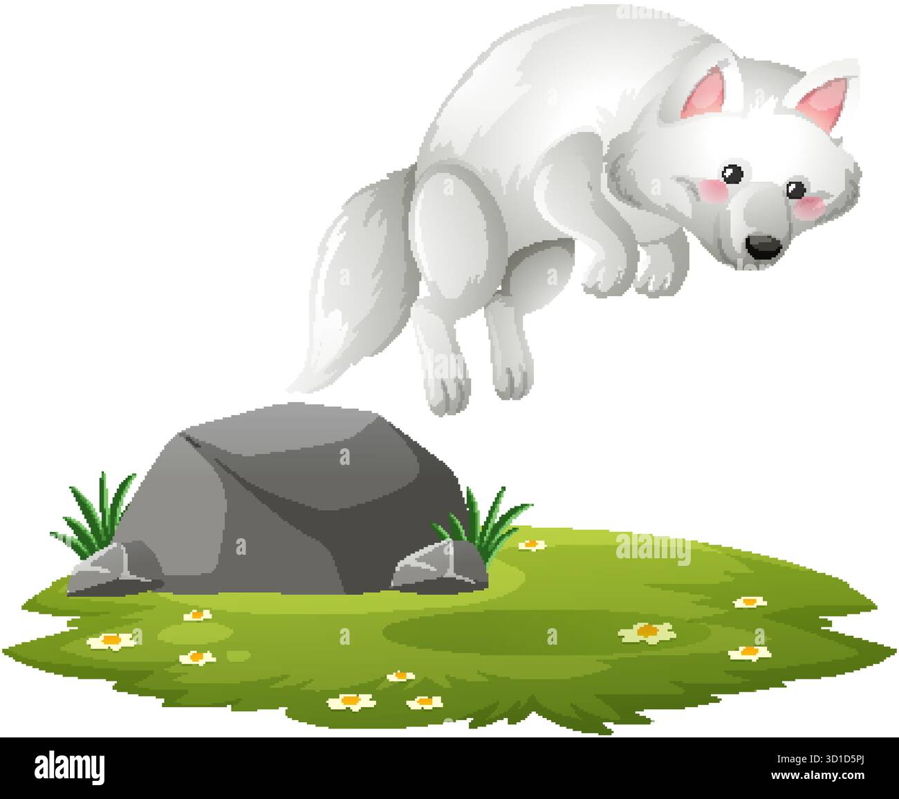 White arctic fox jumps over rock on green grass, cartoon vector, bright ...