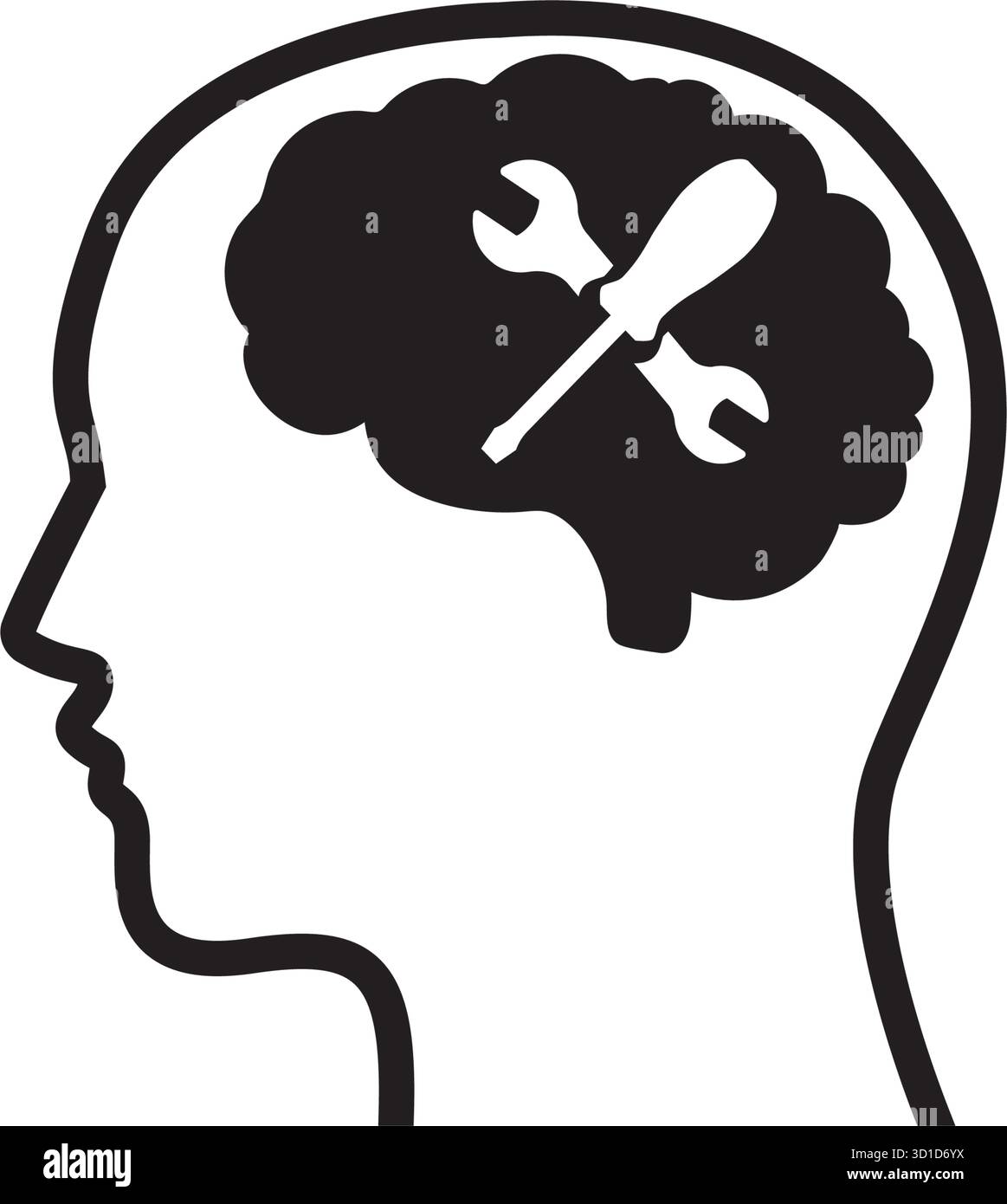 Human head silhouette with Tools, wrench and screwdriver inside Stock Vector