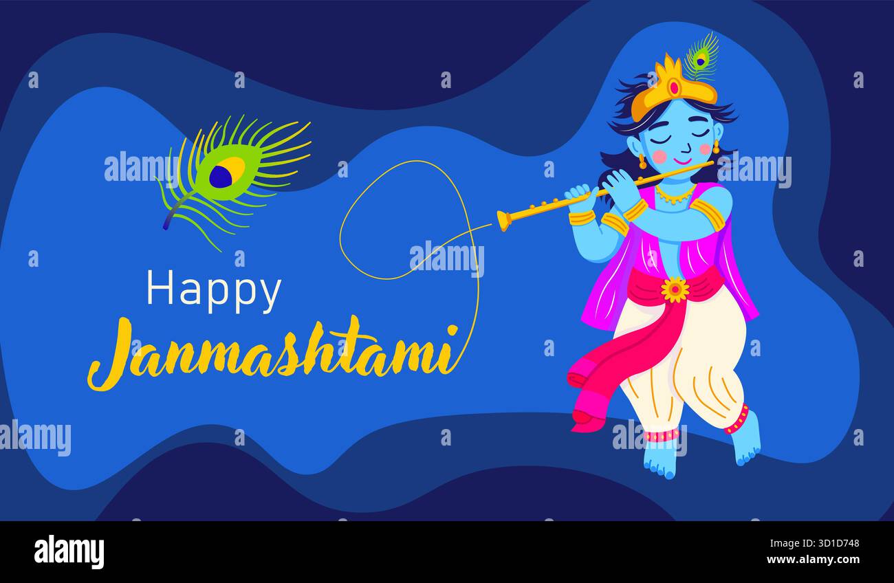 Iskcon Card Colorful vector illustration of Lord Krishna playing flute for ...