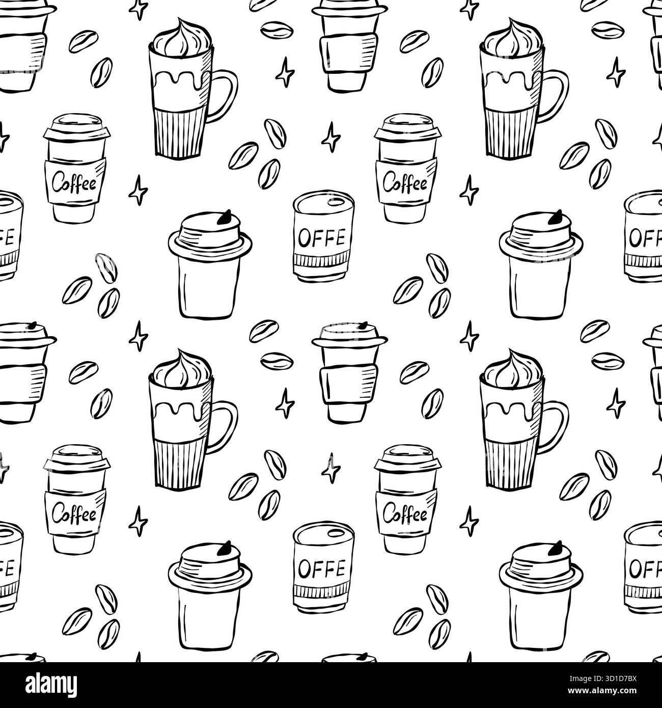 Hand-drawn seamless pattern with coffee cups, beans and stars in black ...