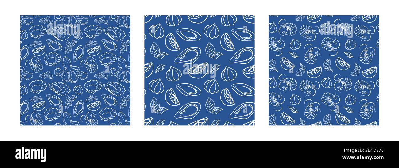 Intricate seafood pattern featuring various shellfish and ocean elements on a deep blue background Stock Vector