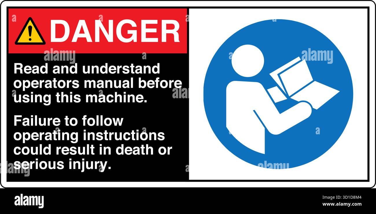 Safety Sign – Refer to Instruction Manual reminds operators to read and understand the manual before using the machine. Ensures safe operation, reduce Stock Vector