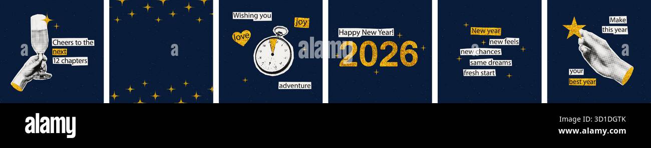 New year art collage cards set vector illustration Stock Vector