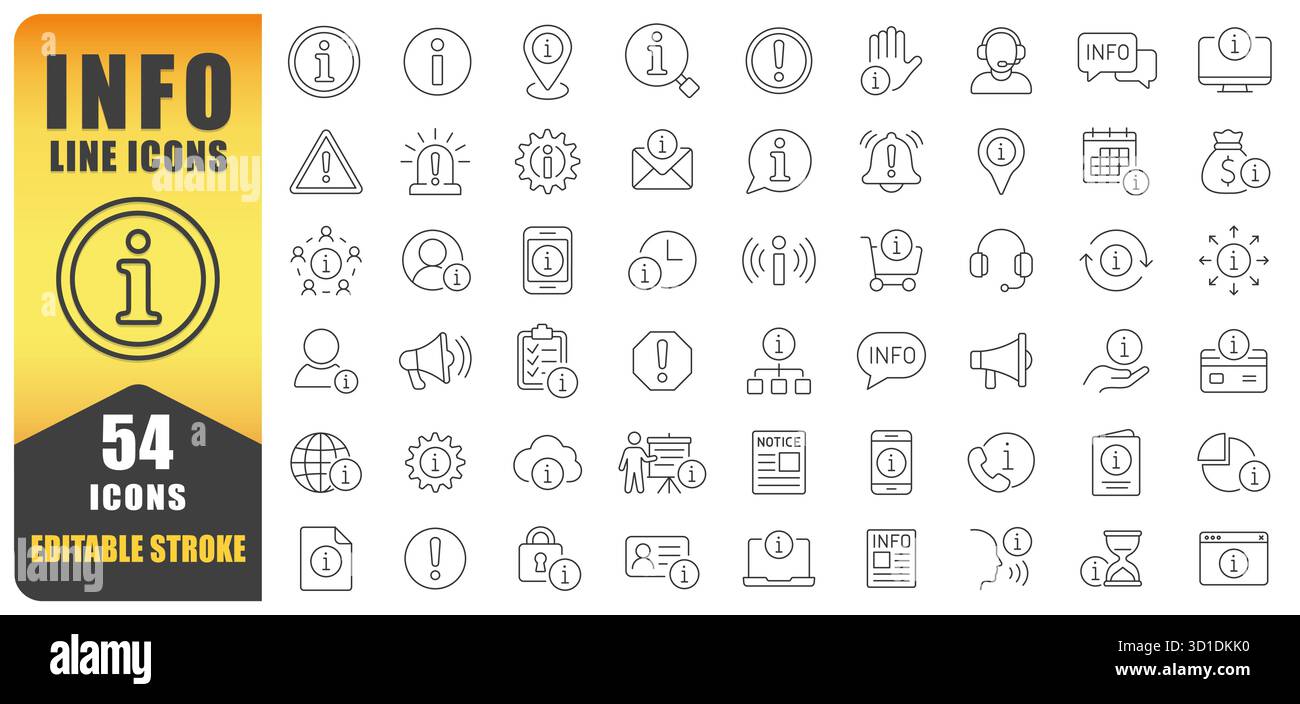 Information Line Icon Vector Set. A Collection Of 54 Thin Line Editable Stroke Icons Representing Help, Support, Alerts, Tips, And Communication. Perf Stock Vector
