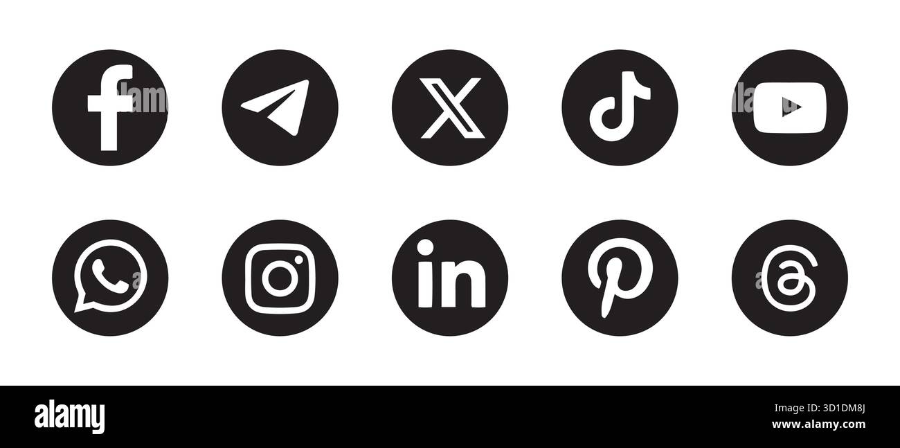 Social Media Icons Set. Black Circular Logos of Top Platforms Stock ...