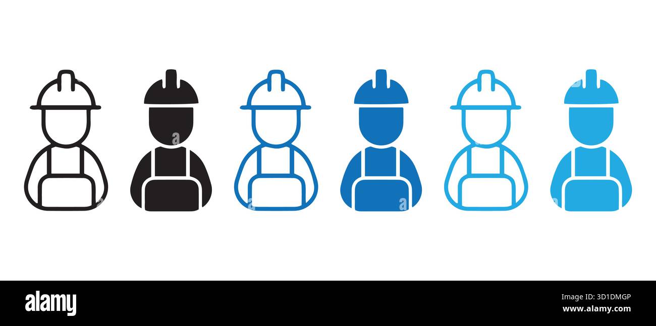 Construction Worker Icons in Hard Hats. Labor, Safety, and Industrial ...