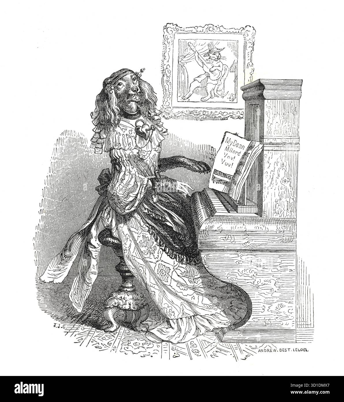 Anthropomorphic dog in an elegant dress passionately plays the piano ...