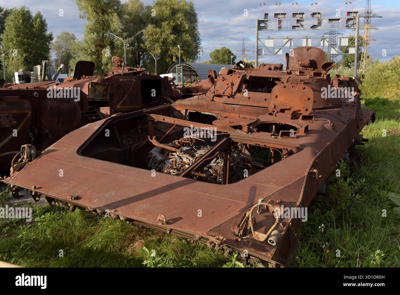 Destroyed Russian tanks and armoured vehicles in a sculpture park with thrones made from spent munitions, in Kharkiv, Ukraine, August 2025 Stock Photo